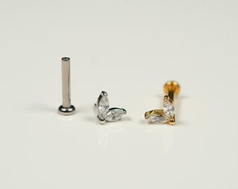 20G, 18G, 16G Gold Silver Double Marquise, Threadless Flat Back Stud, Flat Back Cartilage, Tragus Piercing, Conch Stud, Helix Stud, X30