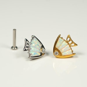 20G, 18G, 16G Gold Silver Opal Baguettes Fish, Threadless Flat Back Stud, Flat Back Cartilage, Tragus Piercing, Conch Stud, Helix Stud, AB11