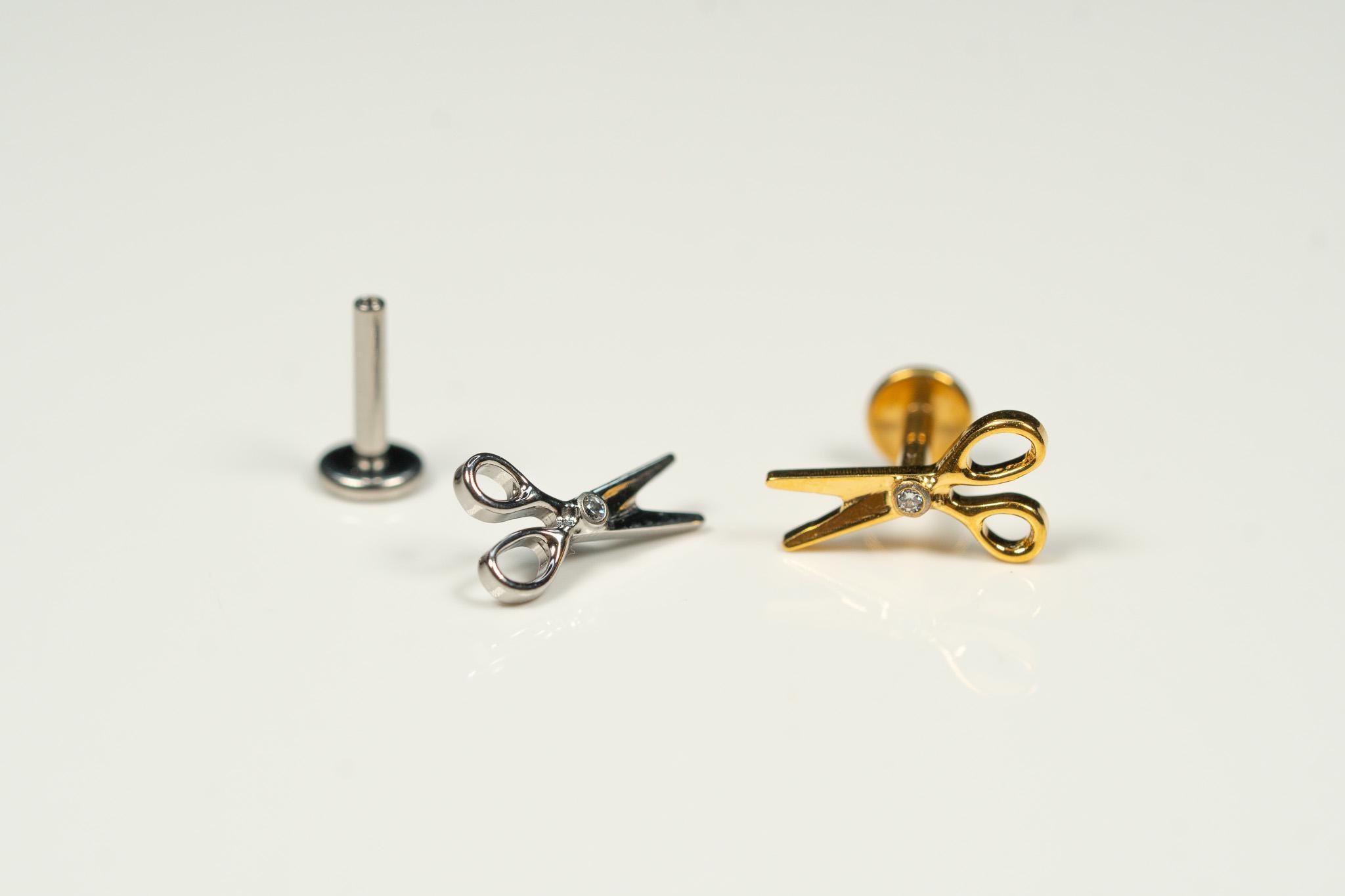 16G Scissors Flat Back Stud, Screw Back Earrings, Internally Threaded, Cartilage Earring, Conch Earring, Helix, Tragus, Gold, Silver AB9