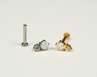 20G, 18G, 16G Gold Silver Opal Gem, Threadless Flat Back Stud, Flat Back Cartilage, Tragus Piercing, Conch Stud, Helix Stud, U18