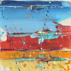 Puede incluir: Pintura abstracta acrílica sobre lienzo. La obra presenta una vibrante composición de colores, incluyendo azul, rojo, amarillo y naranja. Salpicaduras y detalles lineales añaden textura y profundidad a la pieza. La pintura es cuadrada y está montada sobre un lienzo blanco.