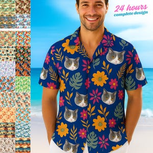 Custom Flower Pattern Hawaiian Shirt with Face, Personalized Picture Face Hawaiian Shirt, Personalized Hawaiian Button Shirt, Shirt for Dad