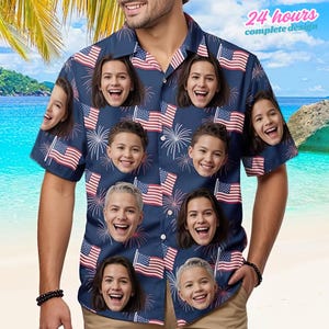 Custom Hawaii Shirt with Face, Family Independence Day Gifts, Custom Face Hawaiian Shirt for Men Women, Personalized Hawaiian Button Shirt
