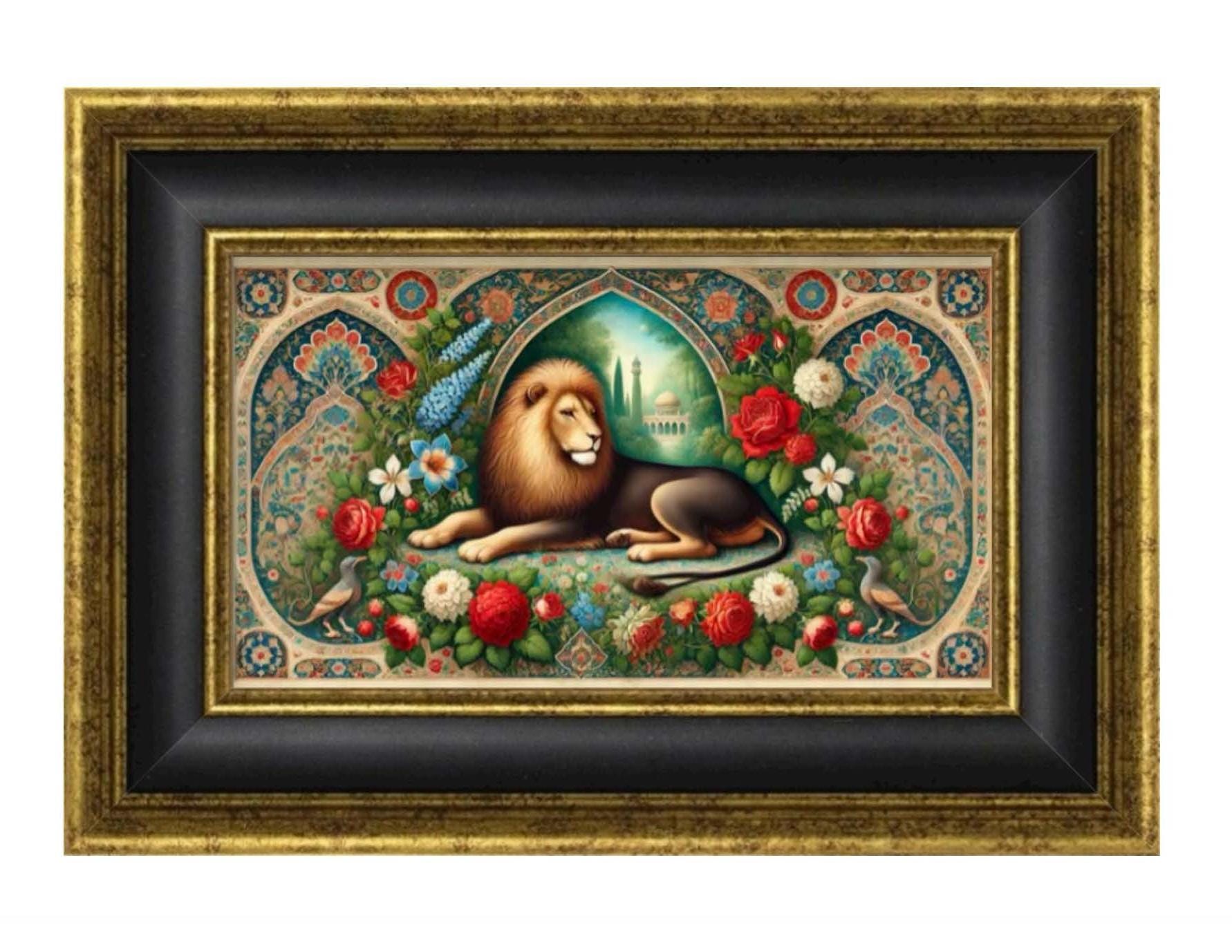 Impressão de leão persa, moldura dourada, autêntica, sinal do artista
