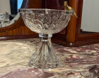 Gorham Crystal “Garden Serenade” Bird Bath Bowl – Vintage Pedestal Compote with Brass Bird Accent