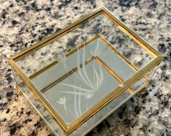Vintage Glass Jewelry Box with Brass Trim and Etched Floral Lid