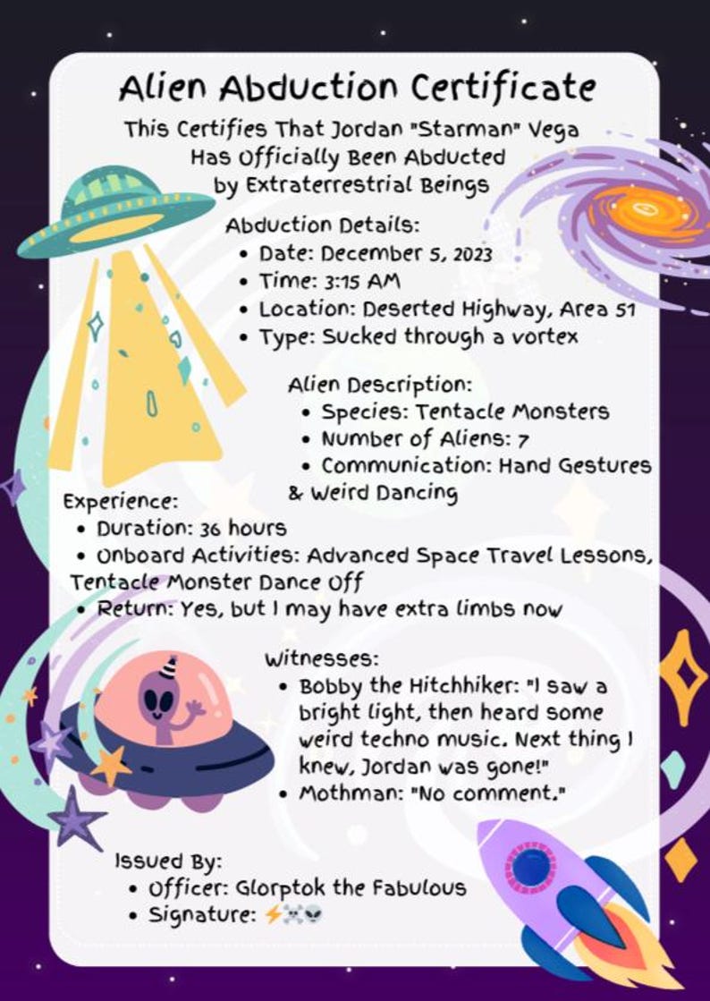 Alien Abduction Certificate - UFO Abduction - Funny Gift Idea - Custom ...