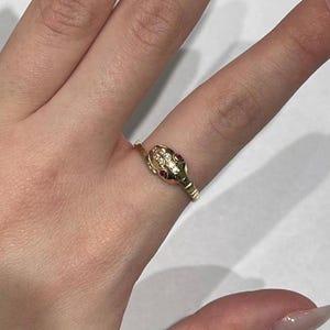 Peut inclure: Une bague dorée en forme de tête de serpent, ornée de petites pierres transparentes et de deux pierres rouges pour les yeux. La bague est portée sur un doigt, mettant en valeur son design et son artisanat.