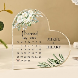 Cadeau personnalisé d&#39;anniversaire de mariage, cadeau de plaque calendrier de mariage, plaque acrylique coeur, cadeau de mariage pour couple, cadeaux souvenirs de fiançailles
