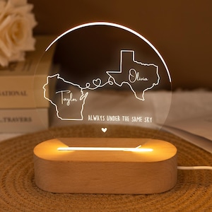 Luz de noche personalizada con dos mapas, regalo de relación a larga distancia, regalo de despedida, regalo de pareja, regalos de aniversario, regalo a distancia para mejores amigos, luz LED