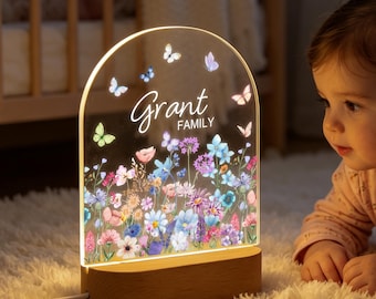 Custom Floral Night Light,Personalized Name Lamp For Baby Girl,Birthday Gift For Daughter,Nursery Decor,Bedroom Bedside Light,Toddler Gift