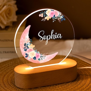 Baby Night Light,Personalised Night Light With Moon,Custom Name Light Night Gifts,Baby Girl Gift,Flower Lamp,Toddler Led Light,Nursery Decor