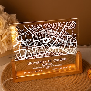 Luz nocturna personalizada con mapa del campus, lámpara LED personalizada con mapa universitario, placa acrílica con mapa universitario, regalo de graduación, promoción de 2025, regalo de mapa para ella