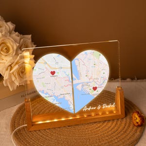 Benutzerdefinierte Herz-Nachtlicht an zwei Orten, personalisierte Kartendruck-Nachtlampe, Fernbeziehungsgeschenk, Abschiedsgeschenk, Paargeschenk für sie