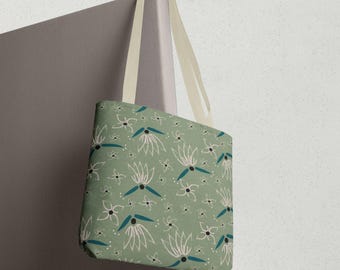 Whimsical Floral Tote Bag -Abstract Brushstroke Flowers on Soft Sage Green - Muted Botanical Gift