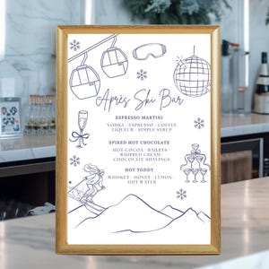 Plantilla de letrero para bar de après ski, menú de cócteles de invierno editable, imprimible en Canva
