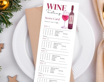May include: A wine tasting score card with the words "WINE Tasting" in a decorative font. The card features sections for scoring wine on appearance, aroma, taste, and finish. A wine glass and bottle are illustrated on the card. The card is on a white plate with a napkin and silverware.