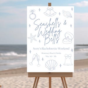 Letrero de bienvenida para despedida de soltera con conchas y campanas de boda / Despedida de soltera en la playa / Plantilla de Canva
