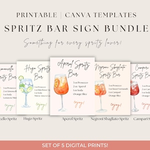 Spritz Bar Zeichen Bündel Canva Vorlage | Aperol, Hugo, Limoncello, Campari & Negroni Sbagliato | Druckbare Cocktail-Rezepte