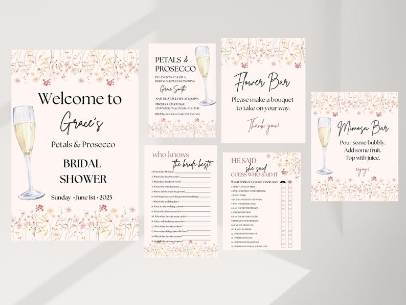 Petals and Prosecco Bridal Shower Bundle | Editable Canva Templates ...
