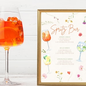 Puede incluir: Una copa de vino alta llena de un c&oacute;ctel naranja y cubitos de hielo, junto a un letrero enmarcado. El letrero dice "Spritz Bar" y muestra ilustraciones de c&oacute;cteles spritz con sus recetas.