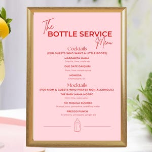 Modèle d'enseigne pour baby shower - Menu de service de biberons - Cocktails et cocktails sans alcool - Toile modifiable - Rose rouge - Affiche de boisson imprimable