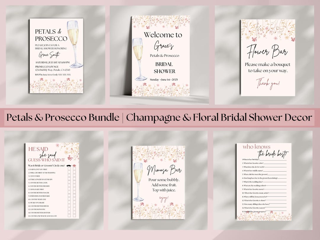 Petals and Prosecco Bridal Shower Bundle | Editable Canva Templates ...