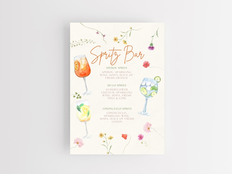 11x14" Spritz Bar Sign with Aperol, Hugo, and Limoncello ingredients listed