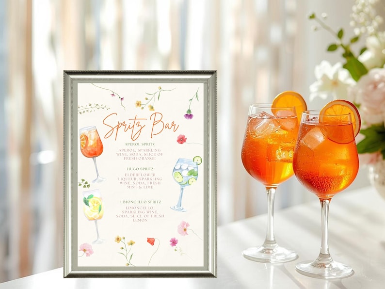 8x10" Spritz Bar Sign displayed at a bridal shower cocktail bar
