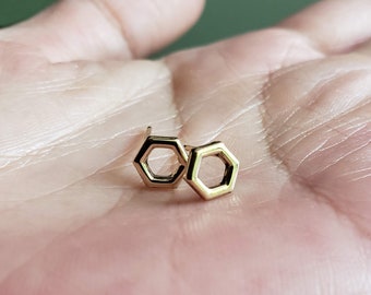 Pair of Solid 14k Gold Hexagon Studs: 7mm Minimalist Honeycomb Earrings