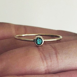 Sold 14k Gold Tiny Emerald Ring, Hammered or Smooth Band. 3mm May Birthstone Mother&#39;s Ring in Yellow, Rose, or White Gold.