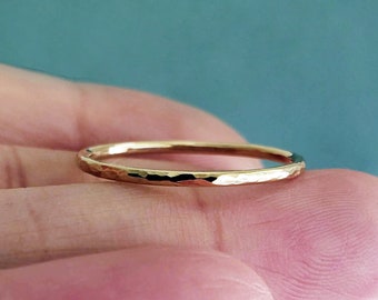 Thin 10k Gold Stacking Ring in Smooth, Hammered, or Matte Finish. 1.3mm Plain Band.