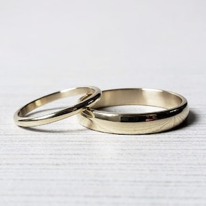 Solid 10k Gold Traditional Gold Wedding Band Set. Domed Half Round Yellow Gold Rings, Polished or Matte.