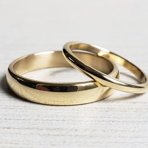 Hammered Gold Wedding Band Set in Solid 14k or 18k Yellow or - Etsy