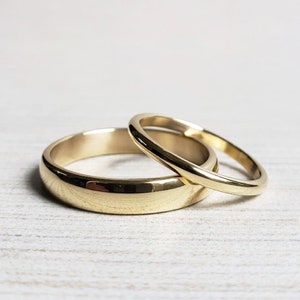 Traditional Gold Wedding Band Set. Domed Half Round Rings in Yellow or Rose 14k or 18k Gold, Polished or Matte.
