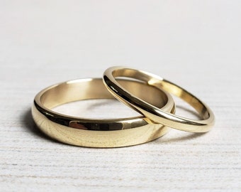 Traditional Gold Wedding Band Set. Domed Half Round Rings in Yellow or Rose 14k or 18k Gold, Polished or Matte.