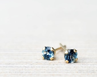 Tiny Montana Sapphire Earrings in Solid 14k Gold, Pair of 3mm Studs