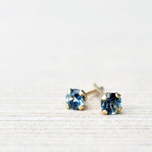 Tiny Montana Sapphire Earrings in Solid 14k Gold, Pair of 3mm Studs