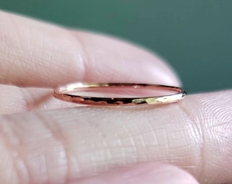 Quick Ship Solid 14k Hammered Rose Gold Ring. 1mm Thin Stacking Ring or Wedding Band.