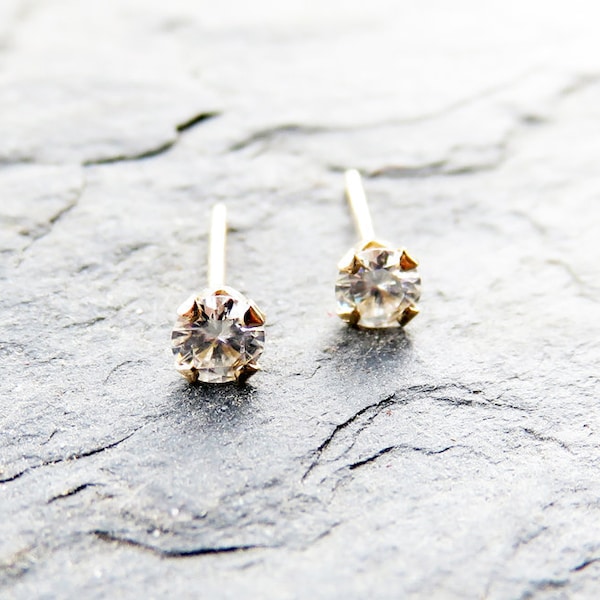 3mm Solid 14k Gold Moissanite Charles & Colvard Forever One Studs, Tiny Faceted Round Ethical Lab Grown Gemstone Earrings, April Birthstone
