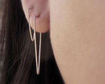 Simple Long Triangle Earrings. Geometric Triangle Hoops in Matte Sterling Silver or Solid 14k Rose or Yellow Gold. Spike Earrings.