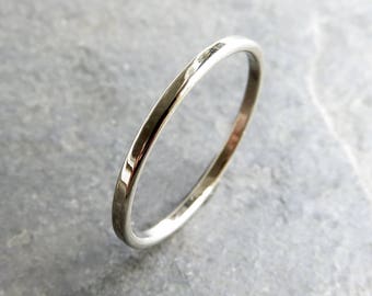 Thin, Flat White Gold Wedding Band in Polished or Matte Finish. Palladium White Gold Option Available.