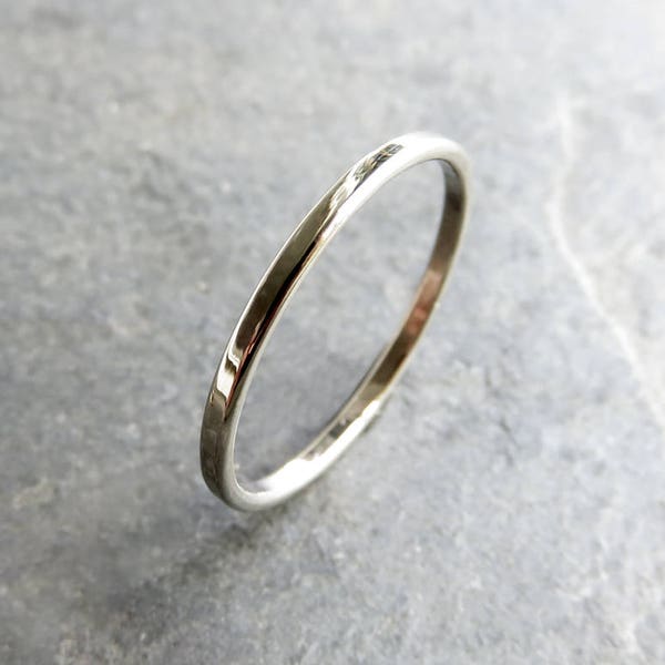 Thin, Flat White Gold Wedding Band in Polished or Matte Finish. Palladium White Gold Option Available.