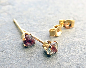 3mm Solid 14k Gold Alexandrite Earrings, Full Color Change Lab Grown Alexandrite Studs, June Birthstone Earrings, Tiny Faceted Round Stones
