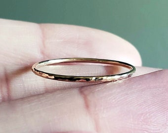 Quick Ship Solid 14k Hammered Gold Stacking Ring. 1mm Thin Yellow Gold Wedding Band.
