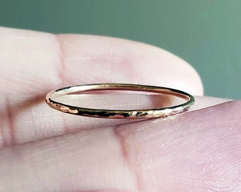 1mm Solid 14k Hammered Gold Stacking Ring. 1mm Thin Yellow Gold Wedding Band.