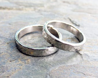 Matching Hammered 14k White Gold Wedding Band Set, 4mm Wedding Rings, Polished or Matte. 14k Palladium White Gold