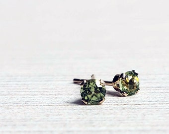 Tiny Solid 14k Peridot Studs. 3mm August Birthstone Earrings, Ready to Ship.