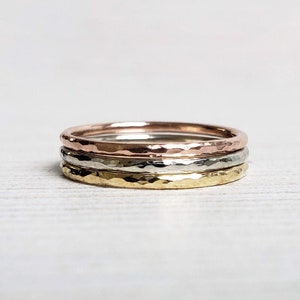 Set of Three Tri-Color Gold Stacking Rings. Solid 14k Yellow, White, and Rose Gold Bands.