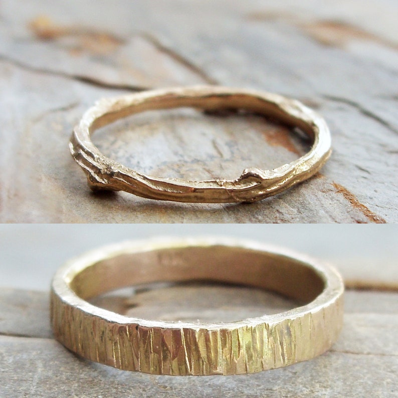 Solid 14k Matching Tree Bark & Twig Wedding Band Set. Wood